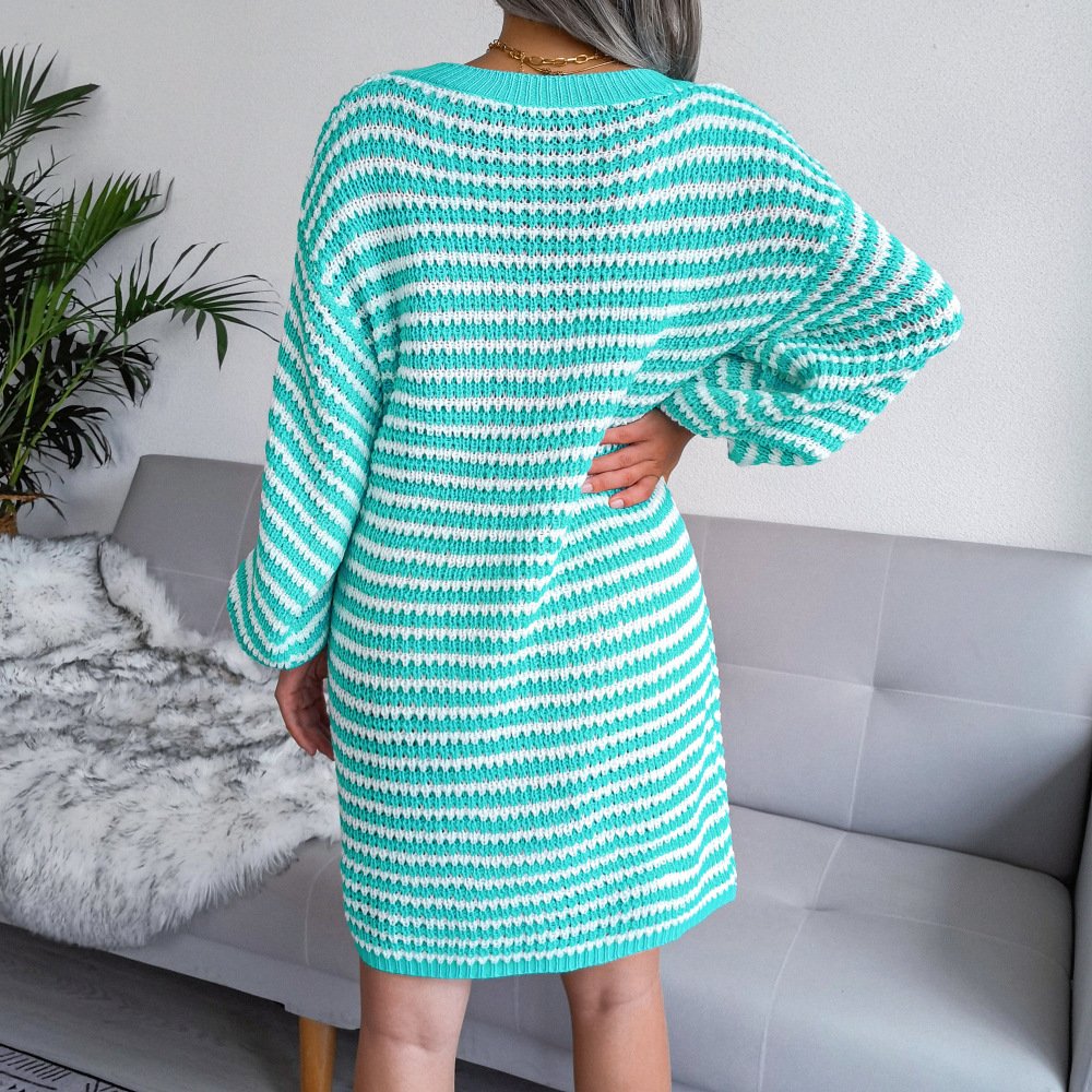 Ins Striped Sweater Dress V-neck Long Sleeve Dresses For Women - Image 6