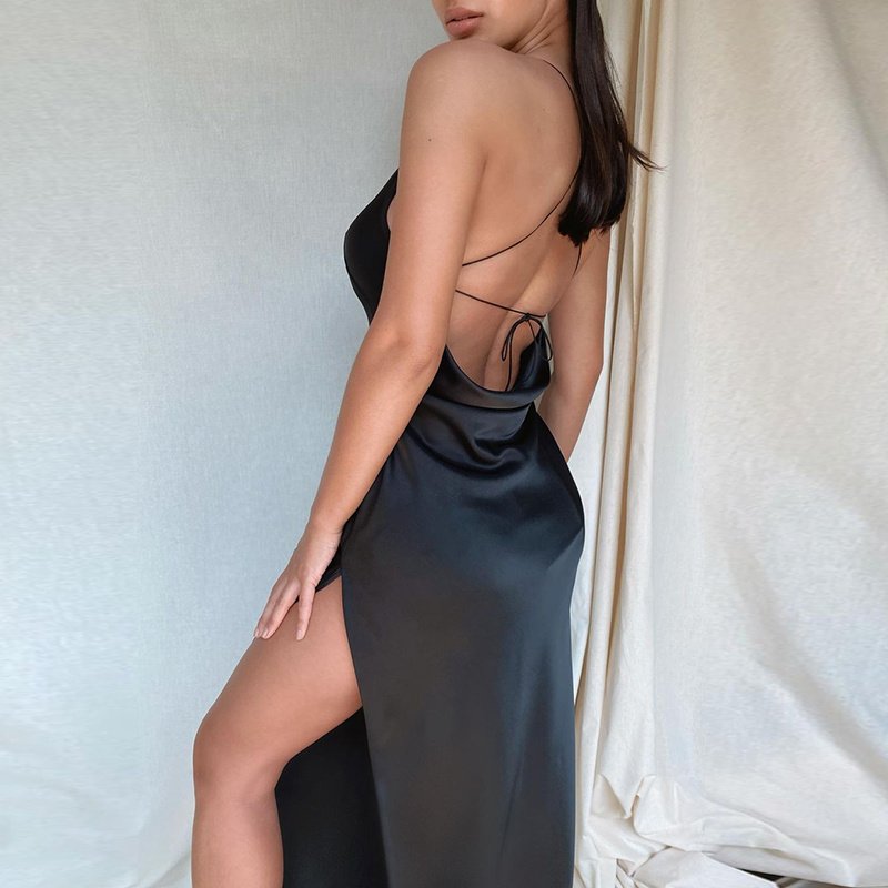 Satin Maxi Dress Women Sexy Black Backless Split Party Dresses Off Shoulder V Neck - Image 4