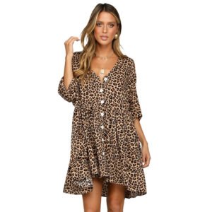V-neck Single Breasted Half Sleeved Leopard Print Loose Asymmetric Dress