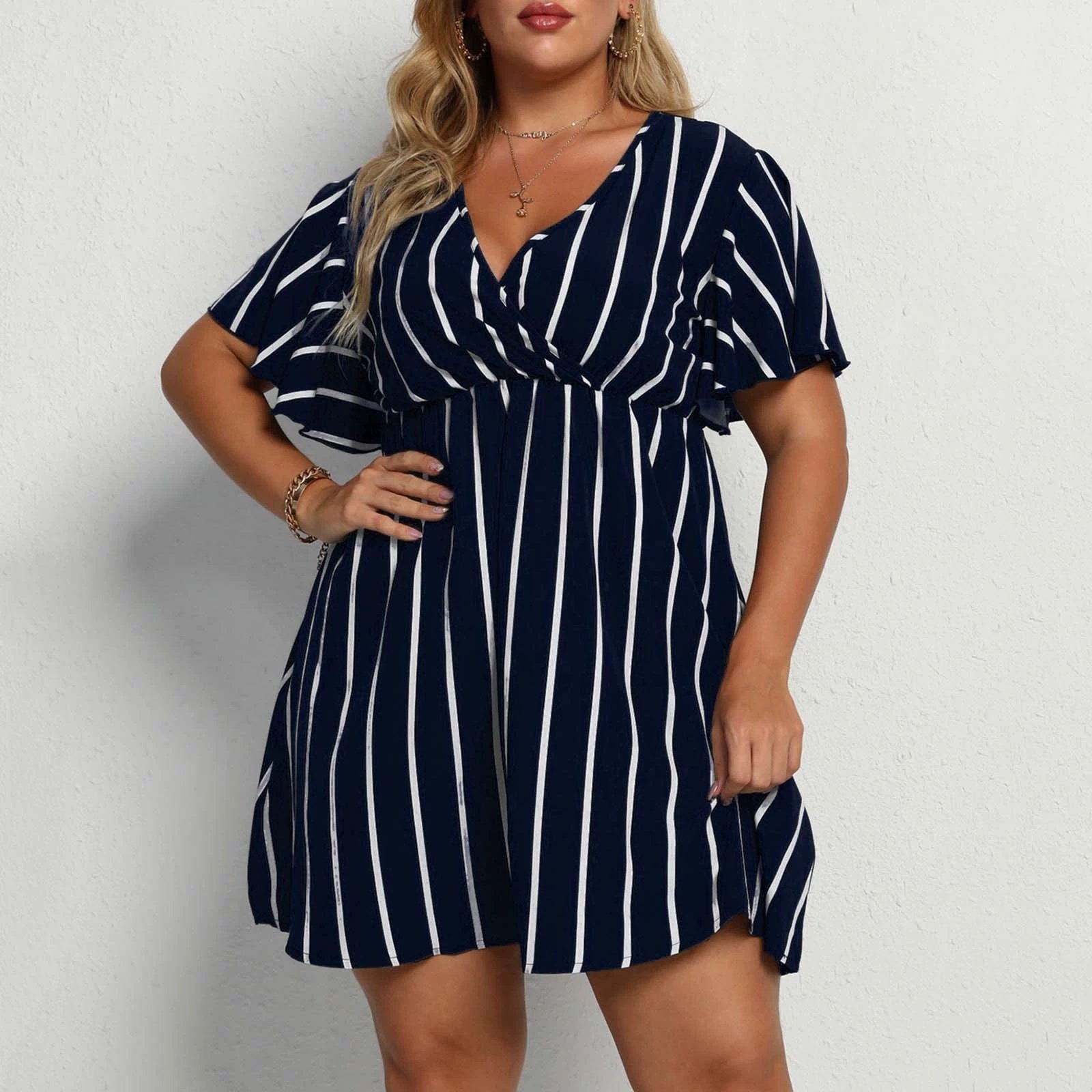 Plus Size Women's Loose V-Neck Patchwork Striped Dress - Image 6