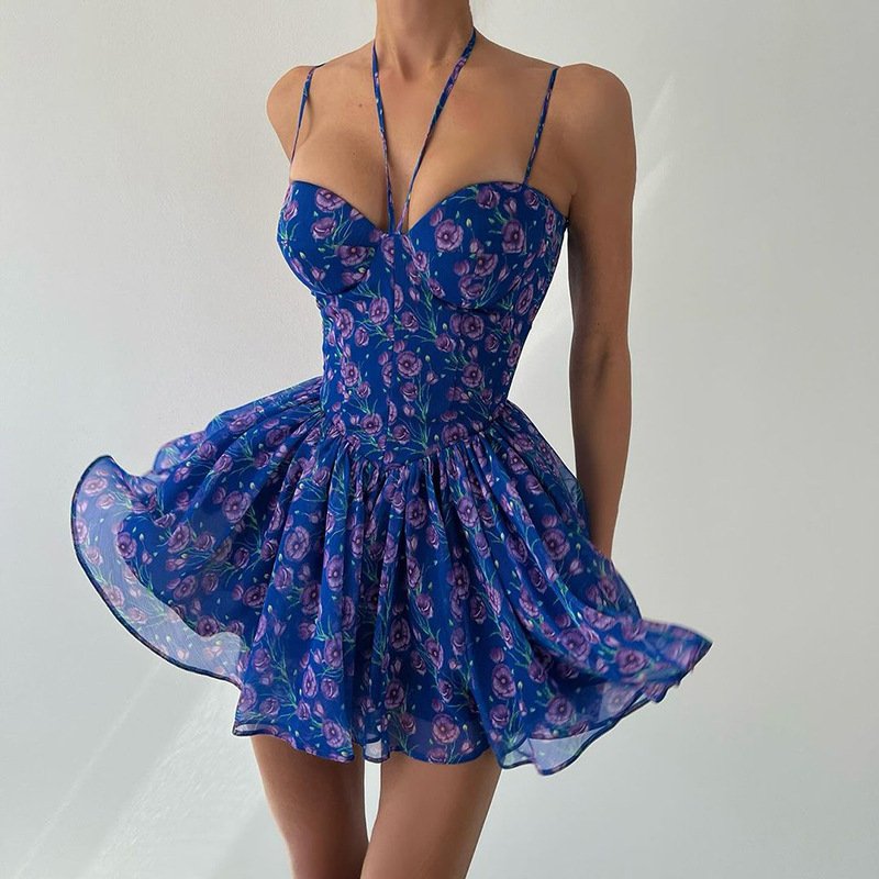 Women's Halterneck With Suspenders Printed Girdle Dress - Image 4