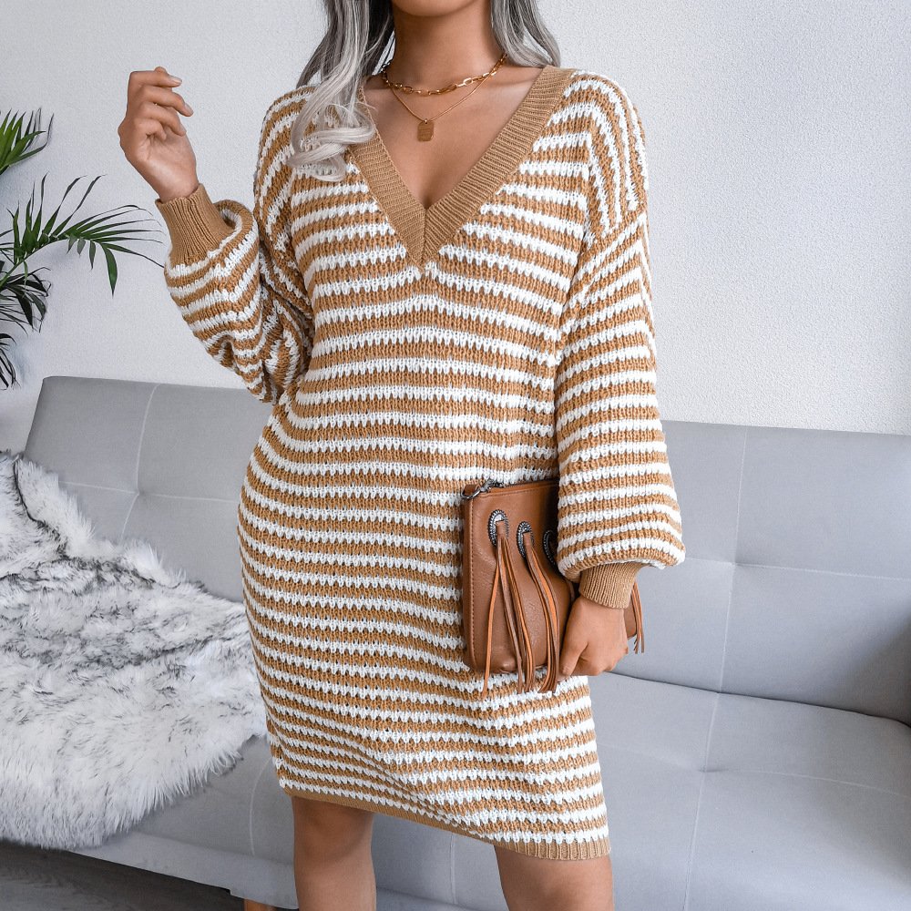 Ins Striped Sweater Dress V-neck Long Sleeve Dresses For Women - Image 8