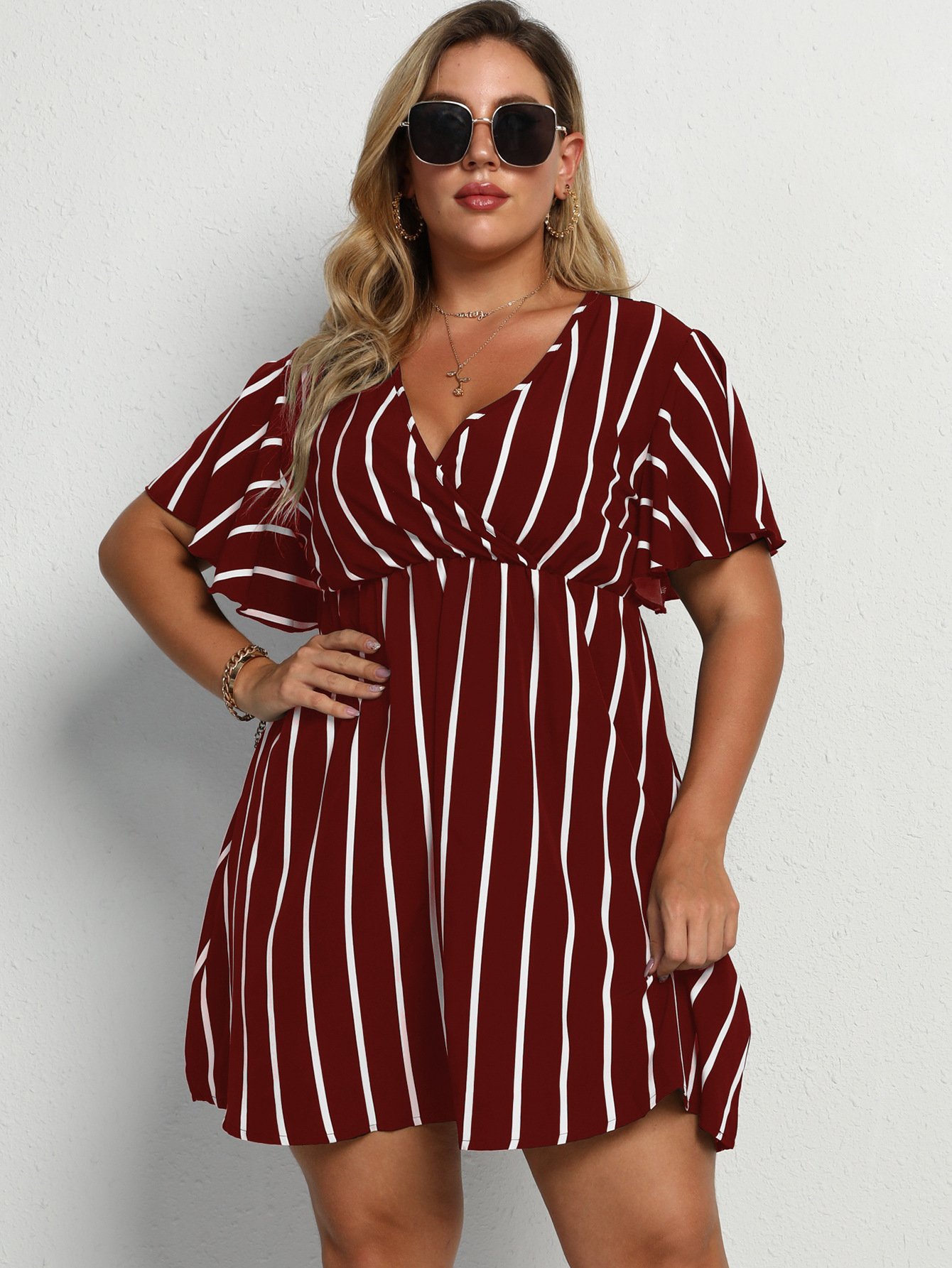 Plus Size Women's Loose V-Neck Patchwork Striped Dress - Image 4