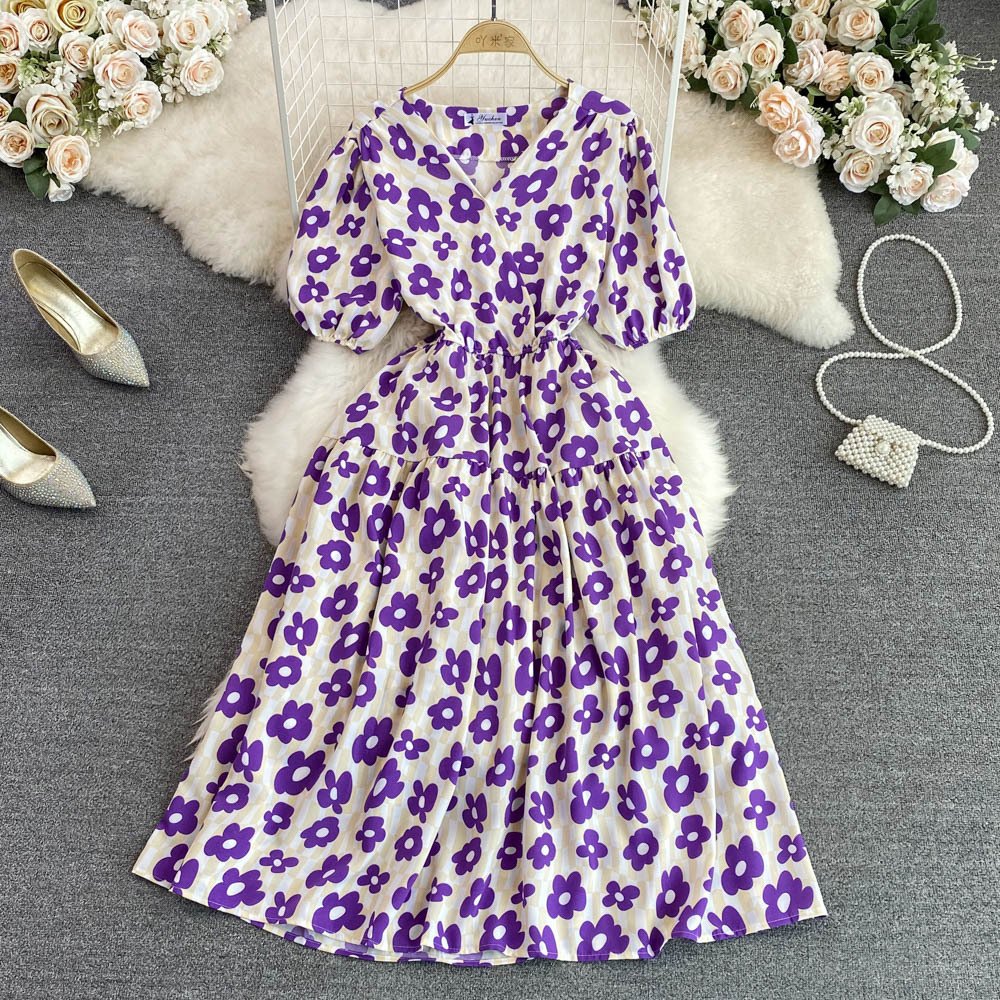 Women's Temperament V-neck Bubble Sleeve Waistline Hem Dress - Image 8