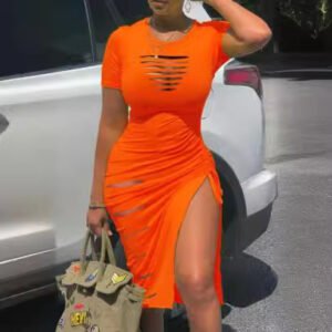 Women's Ripped Split Drawstring Short Sleeve Round Neck Sheath Dress