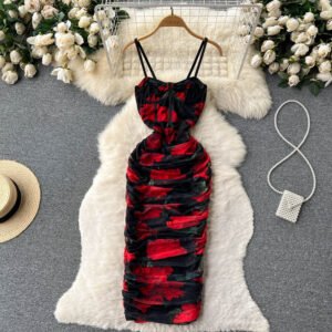 French Chiffon Floral Tight Waist Sling Dress
