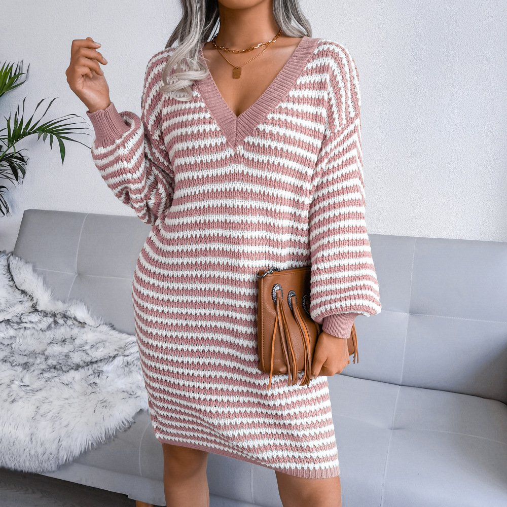 Ins Striped Sweater Dress V-neck Long Sleeve Dresses For Women - Image 5