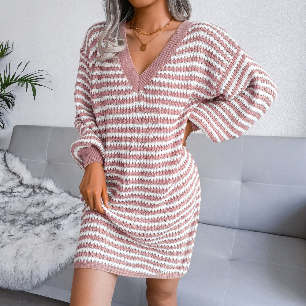 Ins Striped Sweater Dress V-neck Long Sleeve Dresses For Women - Image 7