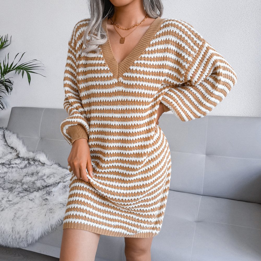 Ins Striped Sweater Dress V-neck Long Sleeve Dresses For Women - Image 3
