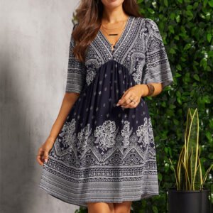 Summer Casual V-neck Printed Floral Holiday Bohemian Beach Dress