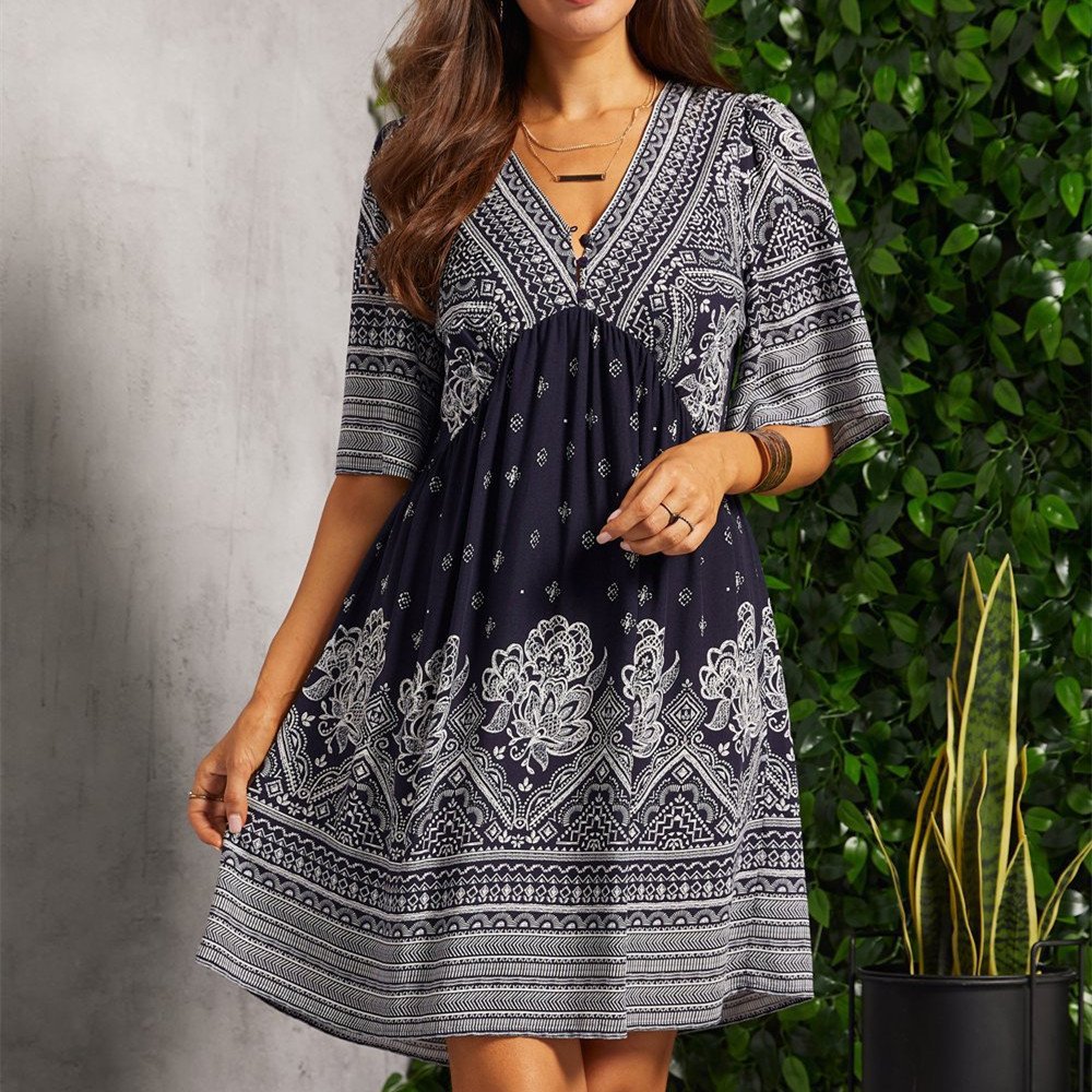 Summer Casual V-neck Printed Floral Holiday Bohemian Beach Dress