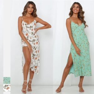 Digital Printing V-Neck Sling Strap Back Dress Women