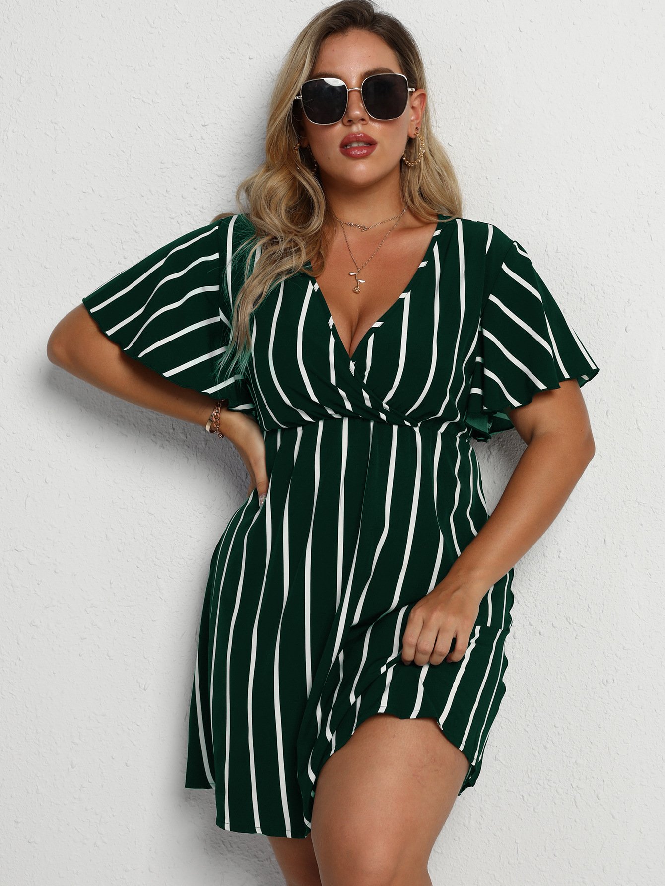 Plus Size Women's Loose V-Neck Patchwork Striped Dress - Image 7