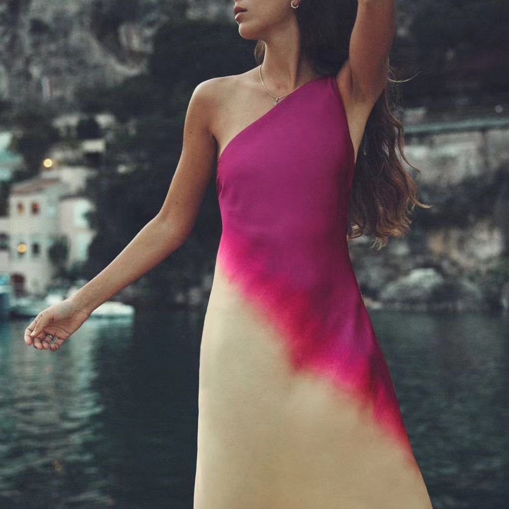 Women's Slant-shoulder Collar Tie-dye Strap Slim Dress