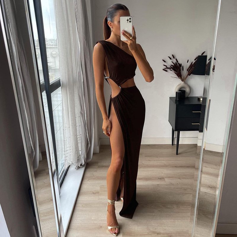 One Shoulder Slim Fit Slit Long Leg Dress - Image 4